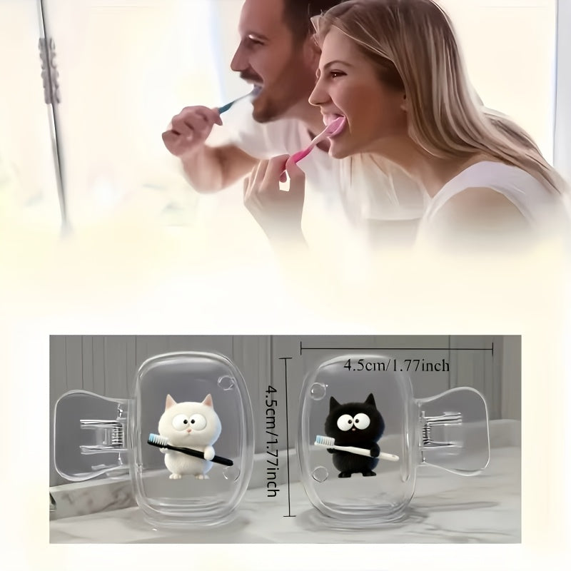 2pcs White Kitten Holding Black Toothbrush And Black Kitten Holding White Toothbrush Pattern Toothbrush Clip Portable Combination Set Household Brush Clip Protective Cover