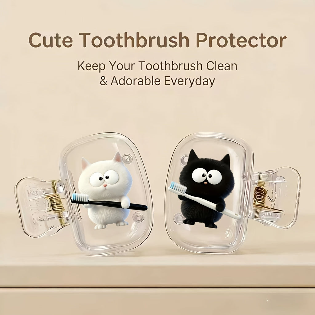 2pcs White Kitten Holding Black Toothbrush And Black Kitten Holding White Toothbrush Pattern Toothbrush Clip Portable Combination Set Household Brush Clip Protective Cover