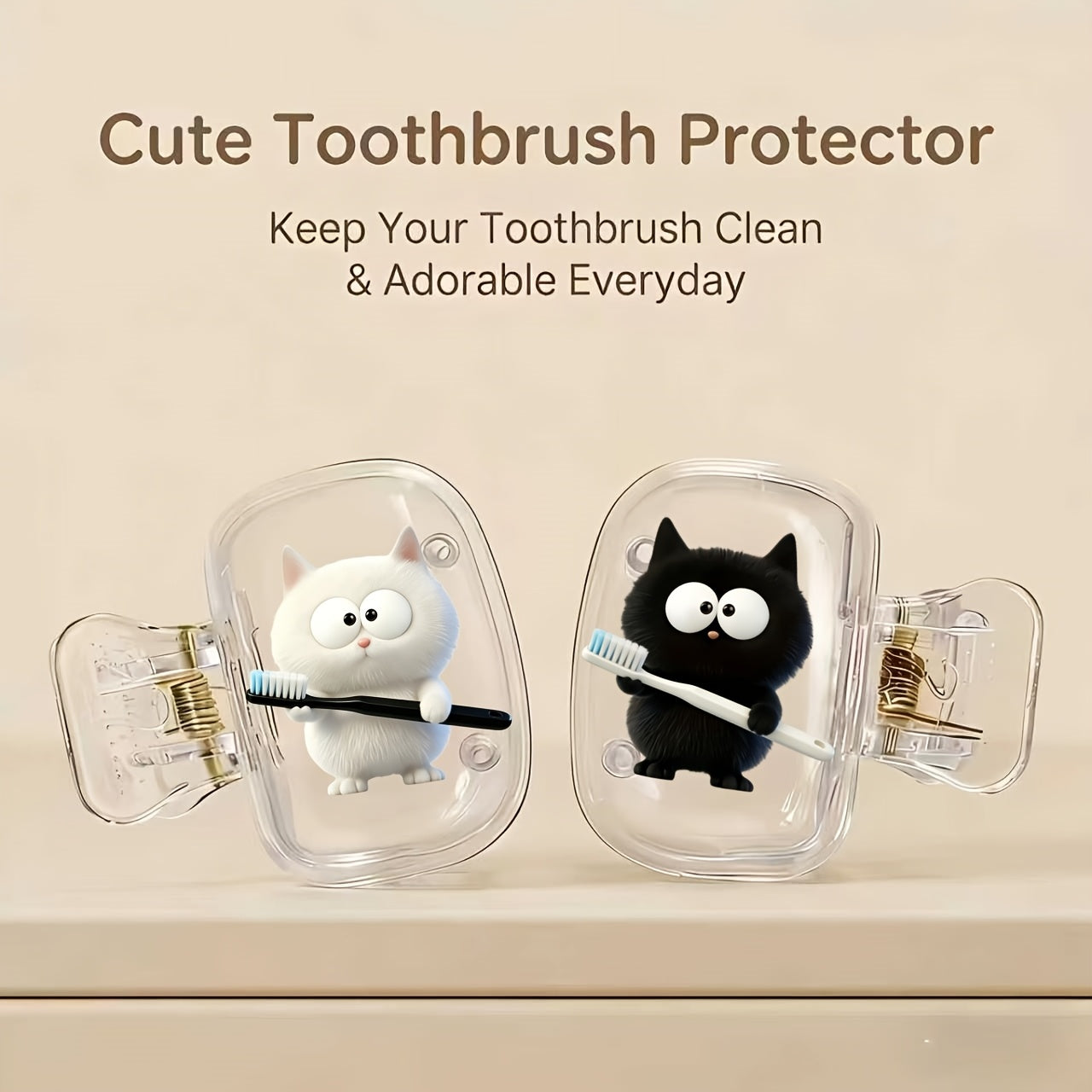 2pcs White Kitten Holding Black Toothbrush And Black Kitten Holding White Toothbrush Pattern Toothbrush Clip Portable Combination Set Household Brush Clip Protective Cover
