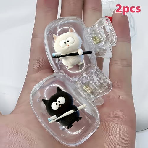 2pcs White Kitten Holding Black Toothbrush And Black Kitten Holding White Toothbrush Pattern Toothbrush Clip Portable Combination Set Household Brush Clip Protective Cover