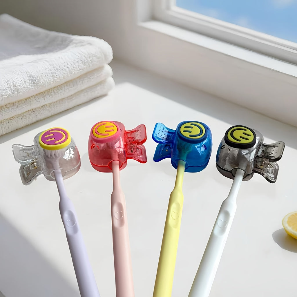 4pcs New joyful Face Toothbrush Holder Set - 4 Dopamine Color Combinations (Blue/Red/Black/Transparent) - Dustproof Toothbrush Protector Family Pack, Toothbrush Holder for Bathroom, Toothbrush Storage, Playful Design, Durable Plastic