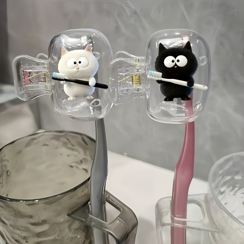 2pcs White Kitten Holding Black Toothbrush And Black Kitten Holding White Toothbrush Pattern Toothbrush Clip Portable Combination Set Household Brush Clip Protective Cover