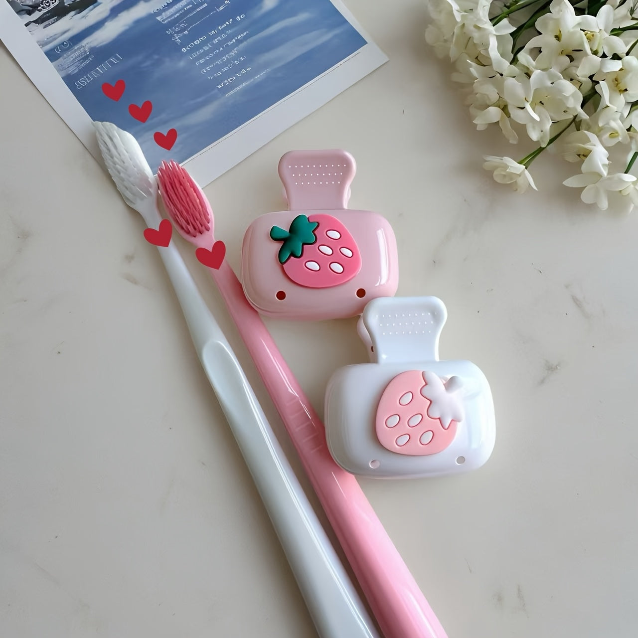 2pcs Cute Toothbrush Holder Travel Containers, Strawberry Toothbrush Holder Design Style, Colors Pink White Design Elements Suitable for Home Bathroom Dorm Hotel Studio Convenient to Carry When Traveling