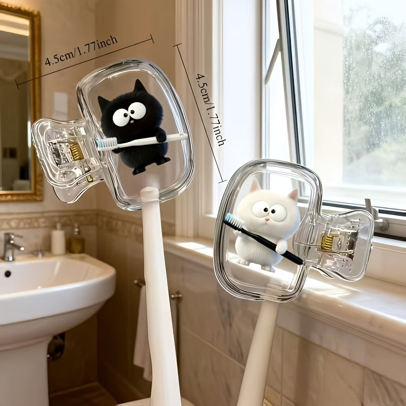 2pcs White Kitten Holding Black Toothbrush And Black Kitten Holding White Toothbrush Pattern Toothbrush Clip Portable Combination Set Household Brush Clip Protective Cover